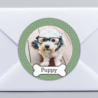 Pegatina Redonda Foto mascota con Hueso de perro - puntos de polka 