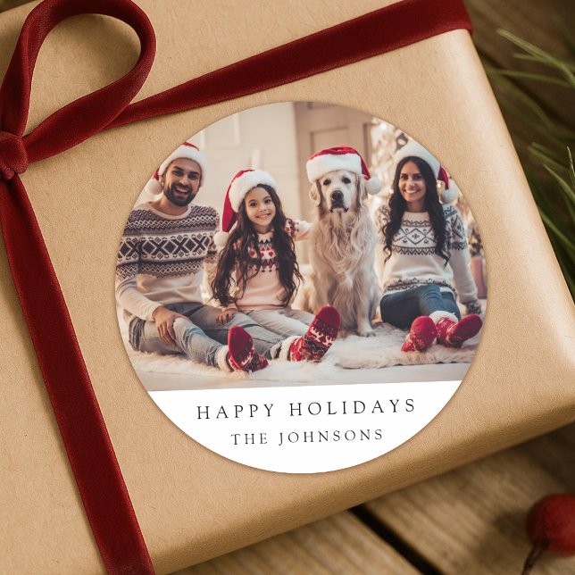 Pegatina Redonda Foto mínima de Navidades | Retrato familiar modern (A Christmas family photo sticker label - perfect for gift wrapping or holiday card envelope seals)