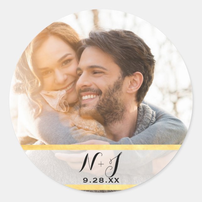 Pegatina Redonda Foto: Modern Gold Glam Wedding Favor (Anverso)