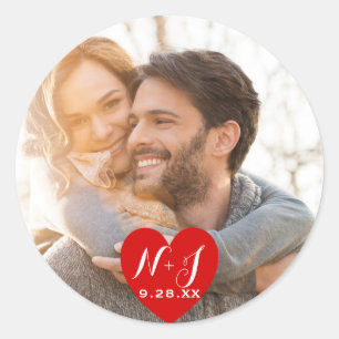 Pegatina Redonda Foto: Modern Red Heart Wedding Favor