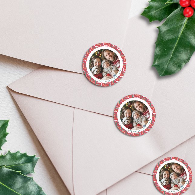 Pegatina Redonda Foto moderna de familia de perros con patrón de hu (Modern Red & Teal Bone Pattern Dog Family Photo Classic Round Sticker - on envelopes)