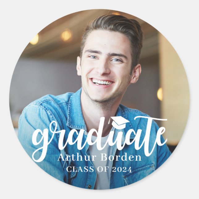 Pegatina Redonda Foto moderna de graduación de escritura blanca (Anverso)