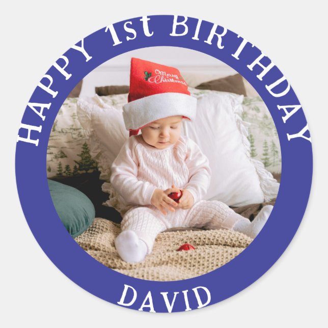 Pegatina Redonda Foto, Nombre Y Edad Personalizados Clásico De Cump (Anverso)