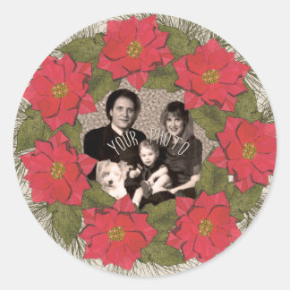 Pegatina Redonda Foto personalizada acuarela Poinsettia Wreath