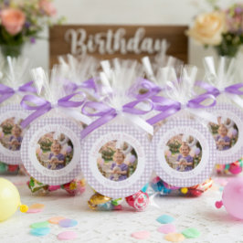 Pegatina Redonda Foto personalizada de cumpleaños 1 con gingham de 