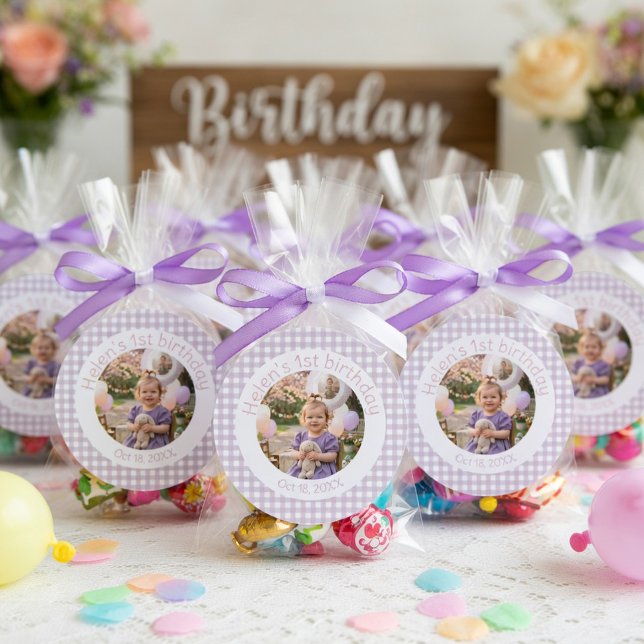 Pegatina Redonda Foto personalizada de cumpleaños 1 con gingham de  (Subido por el creador)