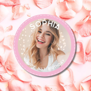 Pegatina Redonda Foto personalizada de cumpleaños 21 moderno rosa