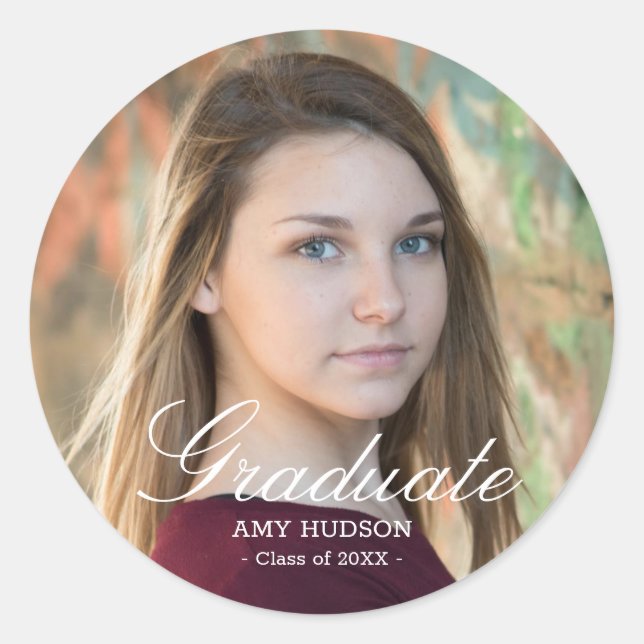 Pegatina Redonda Foto personalizada de graduado con letra blanca (Anverso)