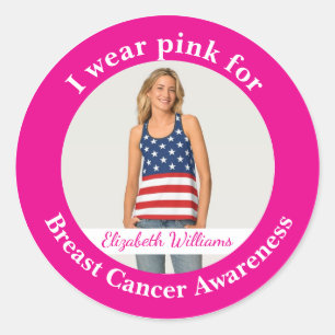 Pegatina Redonda Foto personalizada de usar rosa para la conciencia
