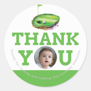 Pegatina Redonda Foto personalizada del primer cumpleaños del golf