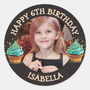 Pegatina Redonda Foto personalizada, edad y nombre de cumpleaños