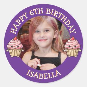 Pegatina Redonda Foto personalizada, edad y nombre de cumpleaños