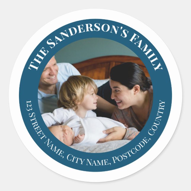 Pegatina Redonda Foto personalizada en Círculo turquesa con textos (Anverso)