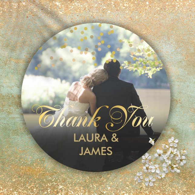 Pegatina Redonda Foto personalizada Guión de oro Confetti Gracias (Personalized Photo Gold Confetti Script Thank You Classic Round Sticker)