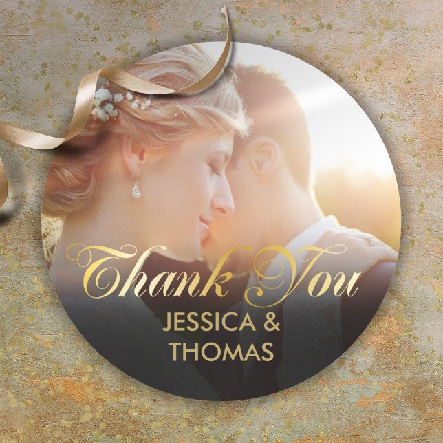 Pegatina Redonda Foto personalizada Guión de oro Gracias (Personalized Photo Gold Script Thank You Classic Round Sticker)