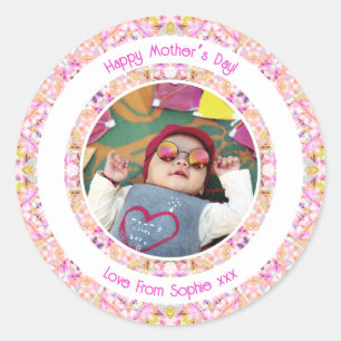 Pegatina Redonda Foto Personalizada Vibrante Rosa Feliz Verde Día d