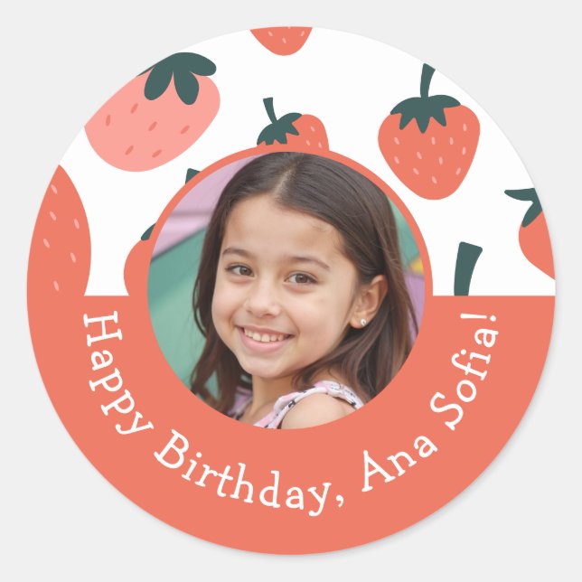 Pegatina Redonda Foto personalizado Berry Sweet Strawberry Birthday (Anverso)