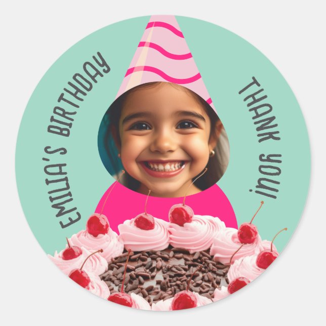 Pegatina Redonda Foto personalizado Cumpleaños Gracias Gorra Fiesta (Anverso)