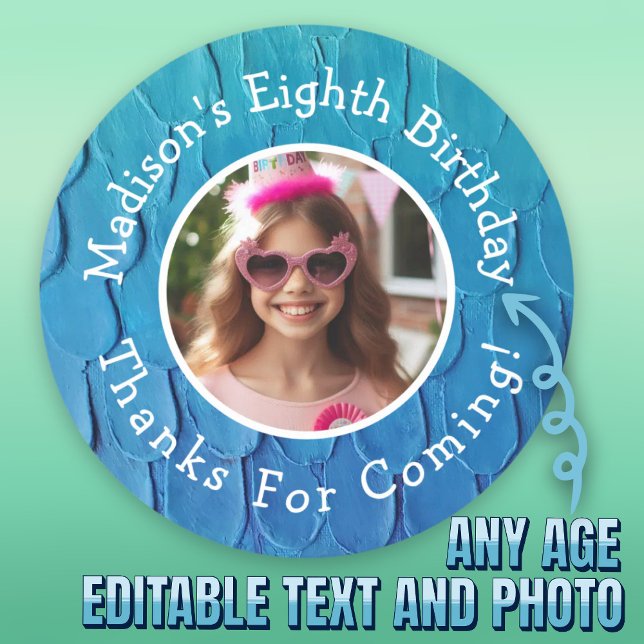 Pegatina Redonda Foto personalizado Nombre Tema Sirena Cumpleaños G (Custom Photo Name Mermaid Theme Birthday Thank You Classic Round Sticker.)