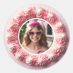Pegatina Redonda Foto personalizado Pink Birthday Cake Party Favore