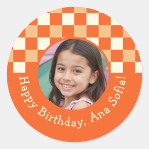 Pegatina Redonda Foto personalizado Plaid Gingham Birthday Party