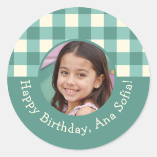 Pegatina Redonda Foto personalizado Plaid Gingham Birthday Party