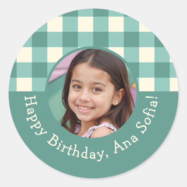 Pegatina Redonda Foto personalizado Plaid Gingham Birthday Party (Anverso)
