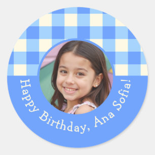 Pegatina Redonda Foto personalizado Plaid Gingham Birthday Party