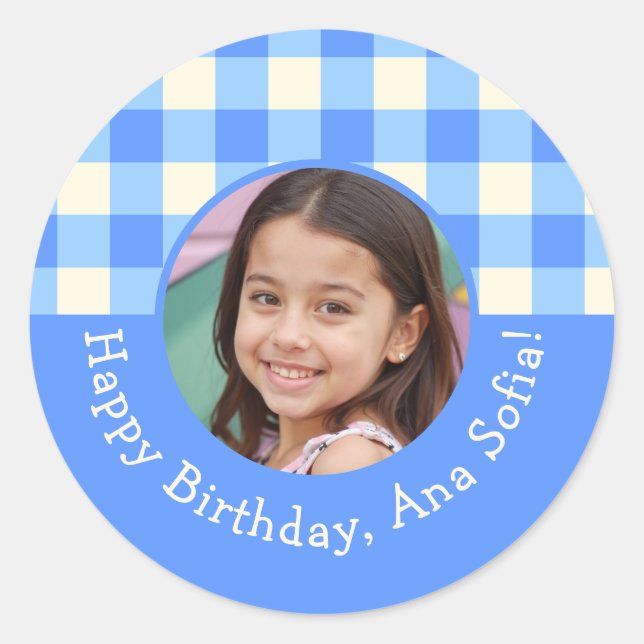 Pegatina Redonda Foto personalizado Plaid Gingham Birthday Party (Anverso)