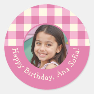Pegatina Redonda Foto personalizado Plaid Gingham Birthday Party