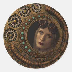 Pegatina Redonda Foto personalizado Steampunk Clock Time Gears Meta