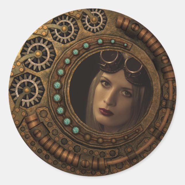 Pegatina Redonda Foto personalizado Steampunk Clock Time Gears Meta (Anverso)