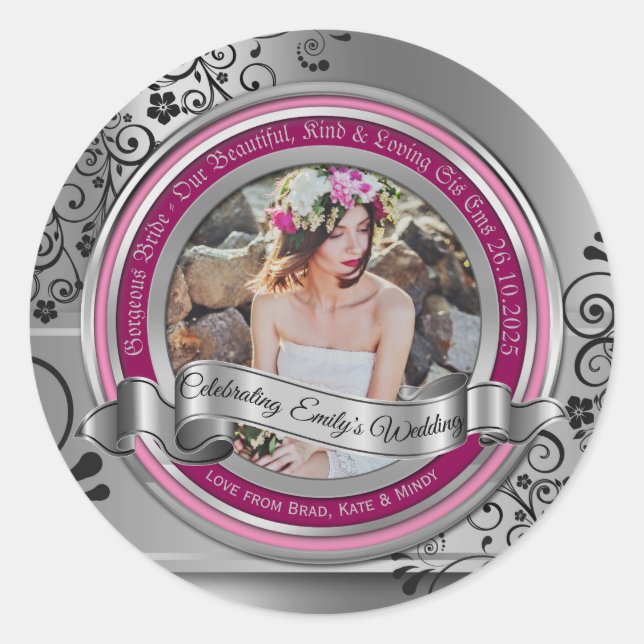 Pegatina Redonda Foto Plata Flourier Black Elegante Banner Magenta (Anverso)