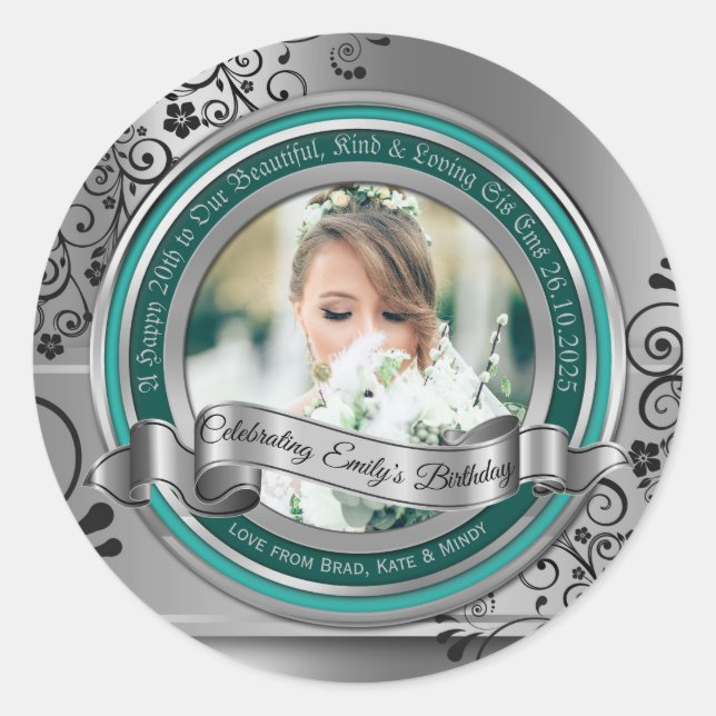 Pegatina Redonda Foto Plata Flourier Elegante Banner Turquoise (Anverso)