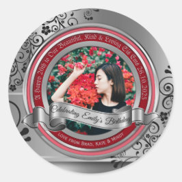 Pegatina Redonda Foto Plata Flourish Elegante Banner Rojo