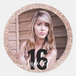 Pegatina Redonda Foto Purpurina Rosa Ombre Sweet 16th Birthday
