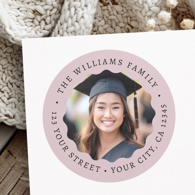 Pegatina Redonda Foto rosa taupe dirección de retorno de graduación (Photo rose mauve graduation return address classic round sticker)