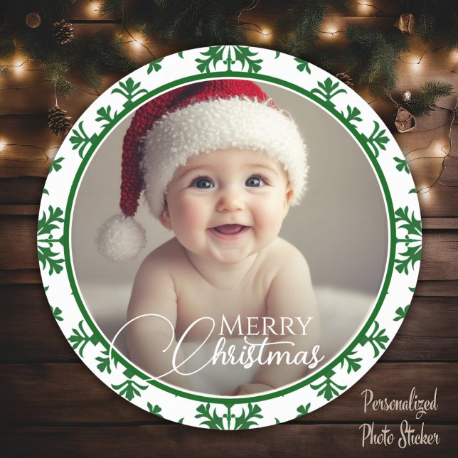 Pegatina Redonda Foto Verde Y Blanca De La Navidad (Green And White Merry Christmas Photo Classic Round Sticker)