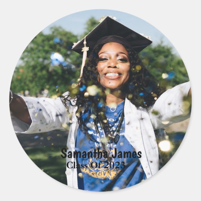 Pegatina Redonda Foto y nombre de graduación personalizados (Anverso)