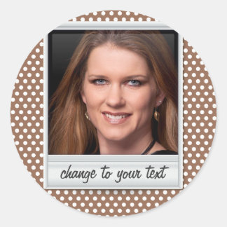 Pegatina Redonda fotoframe sobre polkadot blanco y marrón