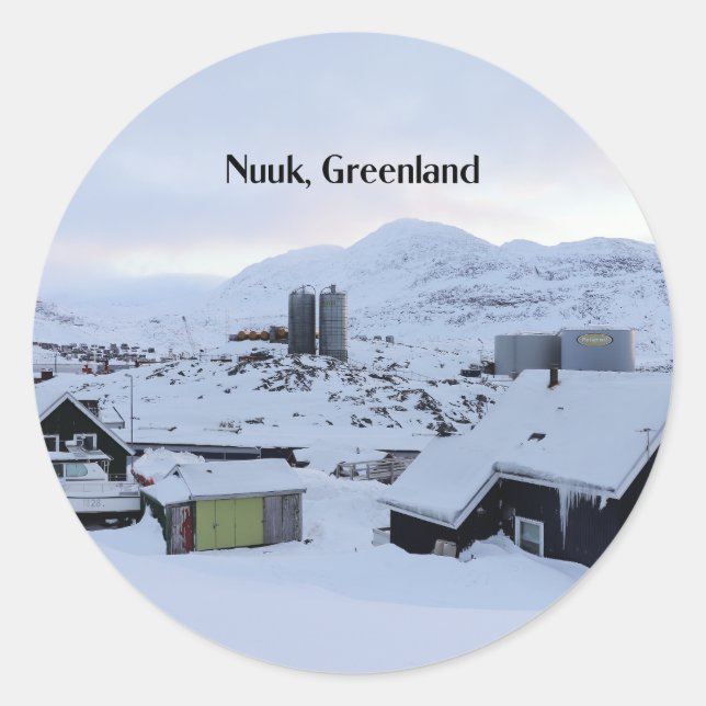 Pegatina Redonda Fotografía de Nuuk, Groenlandia (Anverso)