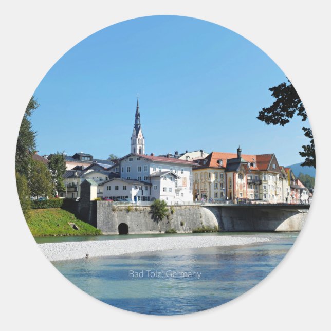 Pegatina Redonda Fotografía escénica de Bad Tolz, Alemania, (Anverso)