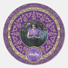 Pegatina Redonda Fotografía Gold Classic Damask Conmemorativo Purpl