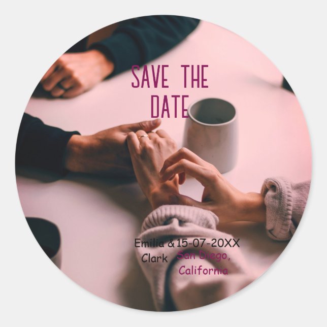 Pegatina Redonda fotos boho rosa para guardar la fecha QR añadir no (Anverso)