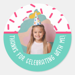 Pegatina Redonda Fotos personalizados Cumpleaños Gracias Torta Rupt