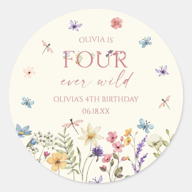 Pegatina Redonda Four Ever Wild Wildflower 4th Birthday Party (Anverso)