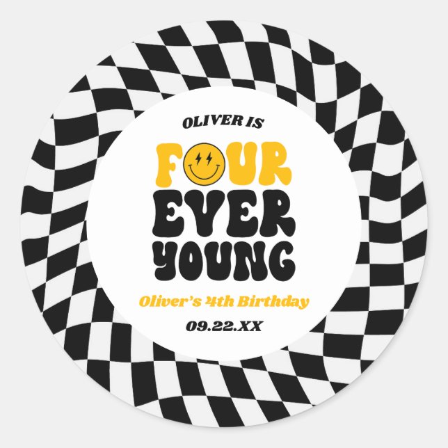 Pegatina Redonda Four Ever Young Retro Fourth 4th Birthday Party (Anverso)
