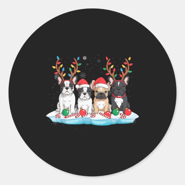 Pegatina Redonda Four French Bulldog Dogs Christmas Light Reindeer  (Anverso)