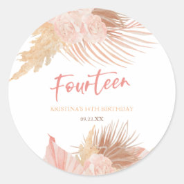 Pegatina Redonda Fourteen Boho Pink Floral 14th Birthday Party