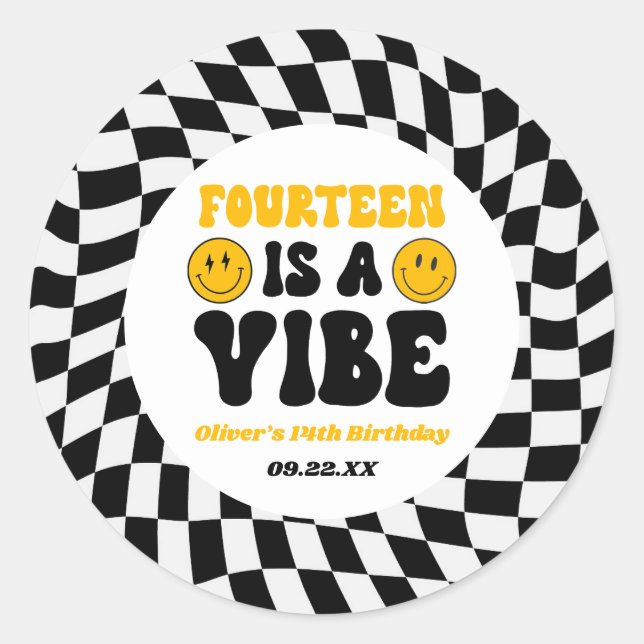 Pegatina Redonda Fourteen Is A Vibe Retro 14th Birthday Party (Anverso)